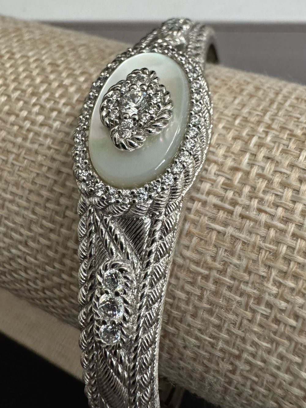 Judith Ripka 925 Silver Mother-of-Pearl Cuff Bracelet Diamonique Crystal Accents